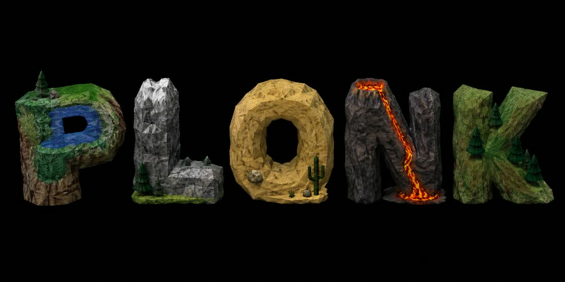 The PLONK logo: low-poly letters, each one a little world (pond, rock, desert, volcano, forest)