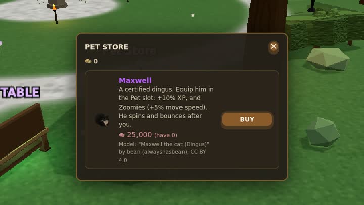 The Pet Store window in game, selling Maxwell the cat for 25,000 gold