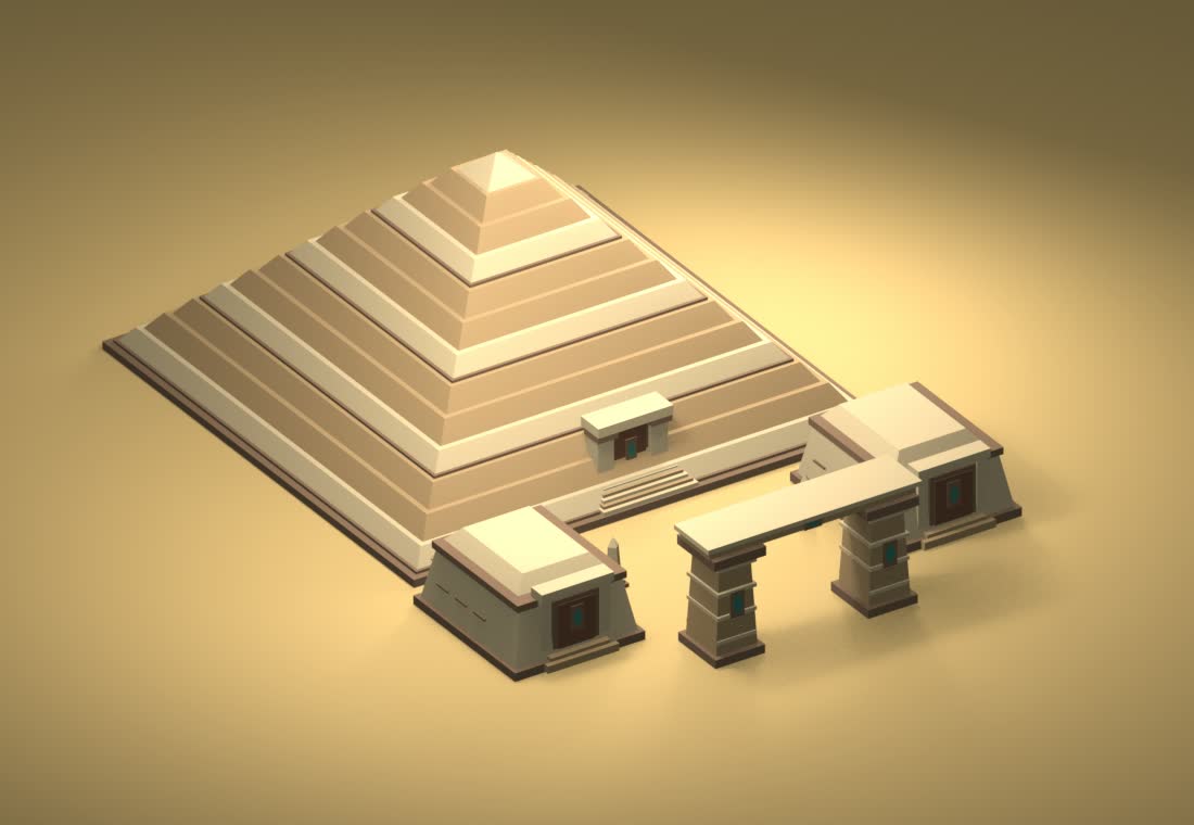 The Oasis pyramid courtyard as a 3D model: a stepped pyramid with ruined gates