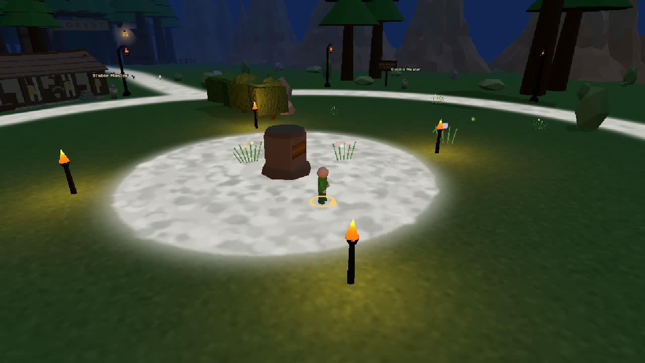 The town square at night: a torch-lit stone plinth where the Crown of the Day statue stands