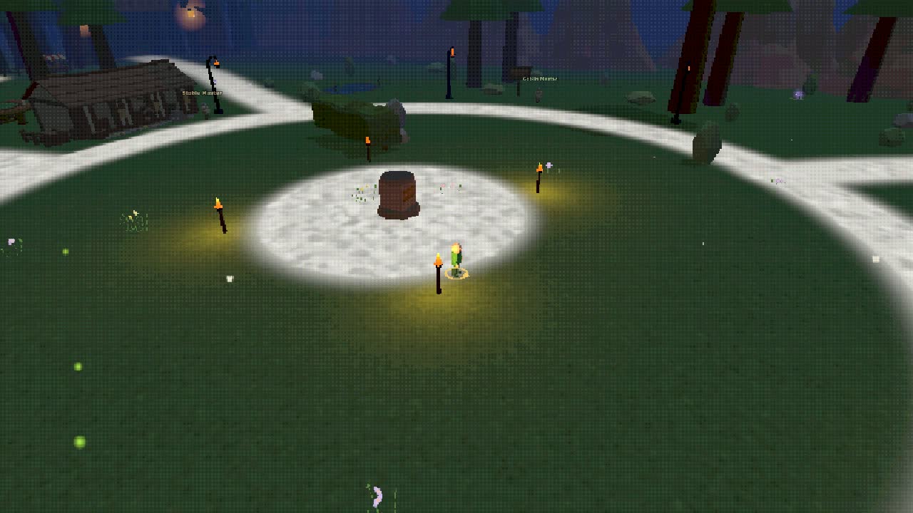 The town square in the game's retro PS1 graphics mode
