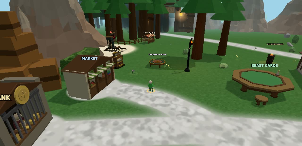 The Plonk town square: the Bank, the Market stall, the Beast Cards table, the stable, torches and the sea beyond